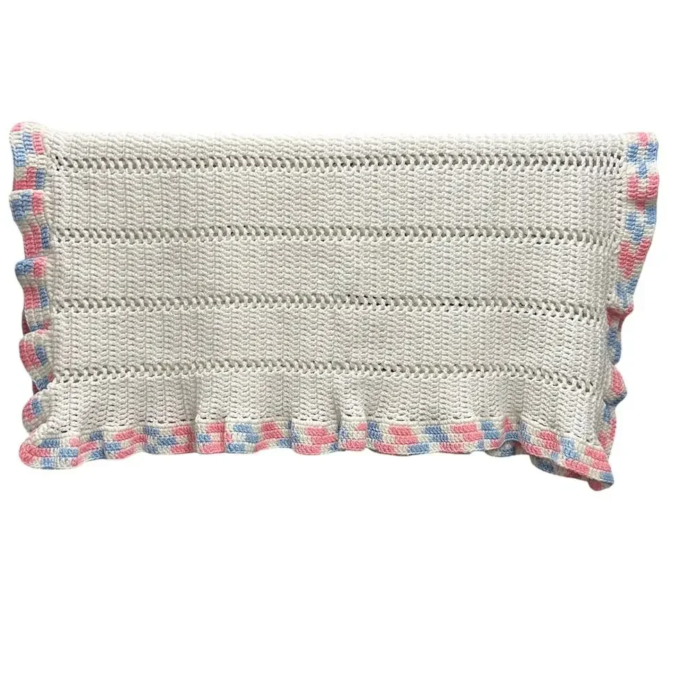 Handmade Crochet Knit Baby Afgan 34x36 White Blue Pink‎